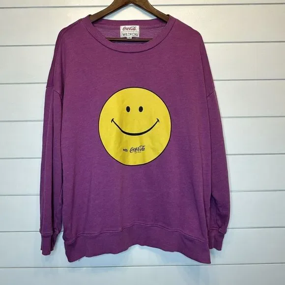 Wildfox Oversized Sweatshirt Small Coca-Cola Smiley Face Coke Roadtrip Purple - Picture 2 of 10